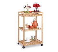 Relaxdays 10029398 Bamboo Serving Trolley, 3-Tier Kitchen Cart, Plastic Casters with Brakes, HxWxD: 77 x 47 x 32.5 cm, Natural