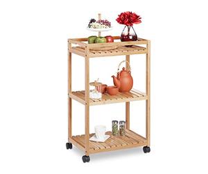 Relaxdays 10029398 Bamboo Serving Trolley, 3-Tier Kitchen Cart, Plastic Casters with Brakes, HxWxD: 77 x 47 x 32.5 cm, Natural