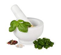 Relaxdays 10029949 Pestle, Spices, Herbs, Polished Stone Mortar, Ø 10 cm, Vol. 120 ml, Marble, White