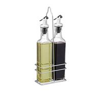 Relaxdays 10029996 Oil & Vinegar Dispenser, Pour Spout, 2 in 1 Kitchen Accessory, Bottles with Holder, 2 x 250 ml, Transparent, Glass