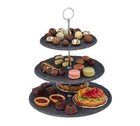 Relaxdays 10030732 Levels Serving Stand, 3-Tiers, Slate, Afternoon Tea, Cakes & Snacks, Fruit, Étagère, HxØ 34 x 30 cm, Grey/Silver