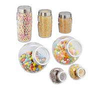 Relaxdays 10030942 Set of 7, Candy Boxes & Storage Jars with Lid, Volume 1.5 L, 1 L, 800 ml, 600 ml, 200 ml, Clear, Glass Metal