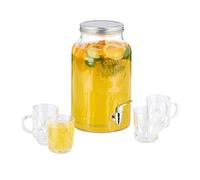 Relaxdays 10030946 Set, Water, 5.5 L, 4 Drinking Glasses, Retro, Juice Dispenser with Tap, Transparent