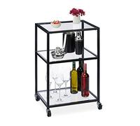 Relaxdays 10031429 Servierwagen Serving 3 Tier Modern Trolley for Kitchen, Bar, Living Room, Glass & Steel, H 76 x 50 x 40 cm, Black