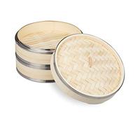 Relaxdays 10031462 Bamboo, 2 Levels with Metal Rings, Asian Steamer Basket for Rice, Dim Sum, Vegetables, Diameter 25.5 cm, Natural Tier, Cooker, Pot, Ø25.5cm