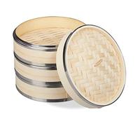 Relaxdays 10031464 Bamboo Steamer, 3 Tier, Metal Rings, Asian Cooker, for Rice, Dim Sum, Vegetable, Basket, Pot, Ø24cm, Natural