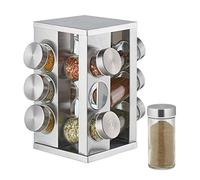 Relaxdays 10032729 Spice Rack, 12 Glass Jars, Rotatable, Stainless Steel, H x D: Approx. 22 x 19 cm, Silver