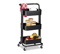 Relaxdays 10034150_46 Kitchen Trolley, 3 Levels, H x W x D Approx. 84 x 42 x 37 cm, Metal & Plastic, Black, Steel