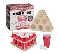Relaxdays 10039136 Beer Pong Set, 16 Pieces, Beer Pong Game, 12 Cups, with Holders & Balls, Adult Drinking Game, Natural/Red