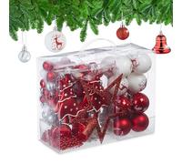 Relaxdays 103x Christmas Ornaments, Plastic, Tree Decor, Balls, Bells, Lace & Beads, Glittery, Matt & Shiny, Red/White, 19 x 20 x 2.5 cm