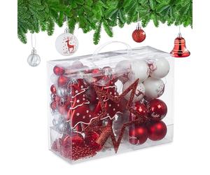 Relaxdays 103x Christmas Ornaments, Plastic, Tree Decor, Balls, Bells, Lace & Beads, Glittery, Matt & Shiny, Red/White