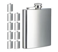 Relaxdays 10x Hip Flask, 200ml Each, Stainless Steel, Beverages to go, Fits in Pocket, HWD: 12.5 x 9.5 x 2.5 cm, Silver, 12.5 x 9.5 x 2 cm