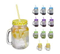 Relaxdays 12x Drinking Jars, 500ml Each, Dishwasher Safe, Dotted Lids & Straws, 4 Colours, Vintage Glasses, Transparent, 19 x 11 x 8 cm