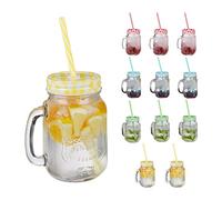 Relaxdays 12x Drinking Jars, 500ml Each, Dishwasher Safe, incl. Lids & Straws in 4 Colours, Vintage Glasses, Transparent, 19 x 11 x 8 cm