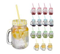 Relaxdays 16x Drinking Jars, 500ml Each, Dishwasher Safe, incl. Lids & Straws in 4 Colours, Vintage Glasses, Transparent, 19 x 11 x 8 cm