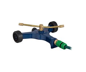 Relaxdays 2-Arm Sprinkler, with Wheels, Spray Radius 4-5 m, Adjustable Jets, 3/4'' Connector, 10x27.5x26 cm, Blue/Gold, Metal