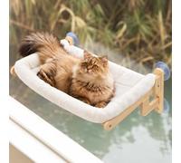 Relaxdays 2-in-1 Cat Bed, Window/Wall, Suction Cups, Beige/Light Brown | Foldable, Plush, HWD 26.5 x 69 x 40.5 cm, Wood Perch