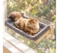 Relaxdays 2-in-1 Cat Bed, Window/Wall, Suction Cups, Grey/Light Brown | Plush, HWD 26.5 x 69 x 40.5 cm, Wood Perch