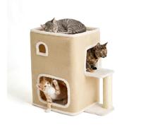 Relaxdays 2-storey cat house with ball & sisal scratching post, HxWxD: 58x57.5x35 cm, polyester, beige