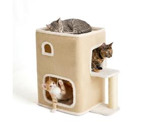 Relaxdays 2-storey cat house with ball & sisal scratching post, beige | HxWxD: 58x57.5x35 cm, polyester
