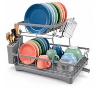 Relaxdays, 2-tier dish drainer, cutlery holder, grey | for plates and cups, crockery racks