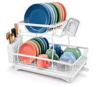 Relaxdays, 2-tier dish drainer, cutlery holder, white | for plates and cups, crockery racks