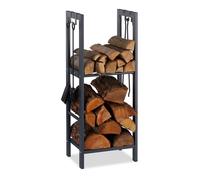 Relaxdays 2-Tier Firewood Rack, Steel Wood Pile Shelf, 4 Hooks For Fireplace Tools, 100x40x30 cm, Anthracite