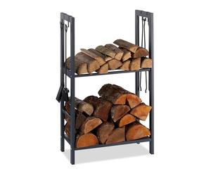 Relaxdays 2-Tier Firewood Rack, Steel Wood Pile Shelf, 4 Hooks For Fireplace Tools, 100x60x30 cm, Anthracite