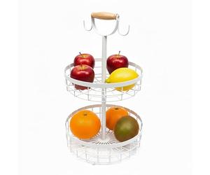 Relaxdays 2-Tier Fruit Etagere, Kitchen Fruit Bowl, Modern Metal Basket for Fruits & Veggies, Metal, White