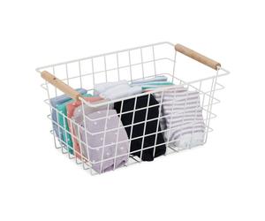 Relaxdays 2 White Wire Baskets with Wooden Handles