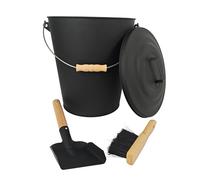 Relaxdays 24-litre ash bucket with lid, in sh brush & fireplace shovel, with handle, black/natural