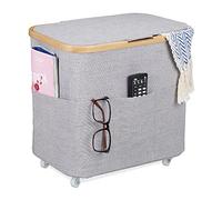Relaxdays 25L 8 Pockets 4 Wheels Foldable Storage Basket with Lid Fabric Bamboo Mix Grey