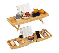 Relaxdays 2in1 Bathtub Caddy & Serving Tray, Bookstand, Wine Holder, Bathroom Stand, 74.5-114 cm, Extendible, Natural, Bamboo, H x B x T: ca. 18 x 114 x 25 cm