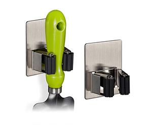 Relaxdays 2x Appliance Holder, Garden Tools, Garage, Wall Mounted, Basement, Broom, Mop, Hold Up, Load 3kg, Silver