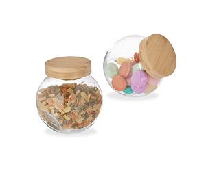 Relaxdays 2x Candy Jars with Bamboo Lids, Storage for Sweets, Decorative Kitchen Accessories, 1.5 l, Transparent/Natural