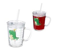 Relaxdays 2X Children's Cups, Dino Motif, Drinking Glass for Kids, with Handle, Lid & Straw, 400ml Scale, Transparent, 12 x 12.5 x 9.5 cm