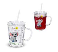 Relaxdays 2x Children's Cups, Elefant Motif, Drinking Glass for Kids, with Handle, Lid & Straw, 400ml Scale, Transparent