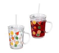 Relaxdays 2X Children's Cups, Fruit Motif, Drinking Glass for Kids, with Handle, Lid & Straw, 400ml Scale, Transparent, 12 x 12.5 x 9.5 cm