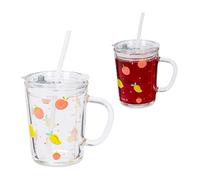 Relaxdays 2X Children's Cups, Fruity Motif, Drinking Glass for Kids, with Handle, Lid & Straw, 400ml Scale, Transparent, 12 x 12.5 x 9.5 cm