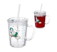 Relaxdays 2x Children's Cups, Pony Motif, Drinking Glass for Kids, with Handle, Lid & Straw, 400ml Scale, Transparent