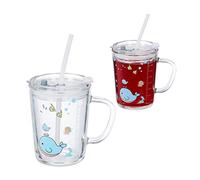 Relaxdays 2x Children's Cups, Whale Motif, Drinking Glass for Kids, with Handle, Lid & Straw, 400 ml Scale, Transparent