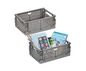Relaxdays 2X Collapsible Storage Boxes, Organisation Containers, Foldable Plastic Baskets, HWD: 10 x 25 x 26.5cm, Grey, 10 x 25 x 16.5 cm