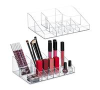 Relaxdays 2X Cosmetics Organiser, 14 Storage Compartments, 8 x 25.5 x 17.5 cm, Make-Up, Brushes, Plastic, Transparent