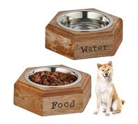 Relaxdays 2X Dog Bowls, Water and Food, 1L, Stainless Steel & Wood, Dishwasher-Safe, 7.5 x 23.5 x 21 cm, Natural/Silver
