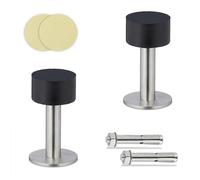 Relaxdays 2X Door Stoppers, Self-Adhesive or for Screwing, Stainless Steel & Rubber, Floor & Wall Buffer, Black/Silver, 8 x 4.5 cm