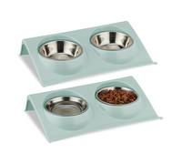 Relaxdays 2X Feeding Stations, Double Bowls, Sloping, Rim, Plastic & Stainless Steel, HWD: 6.5 x 29 x 19 cm, Blue/Silver