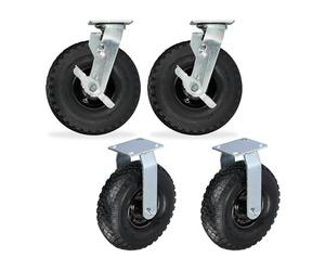 Relaxdays 2x fixed + 2x swivel castors set, pneumatic heavy-duty wheels 3.00-4, 120 kg, black/silver