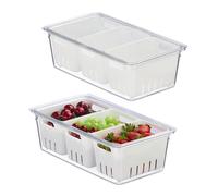 Relaxdays 2X Fridge, Stackable, 3 Draining Baskets, Food Organiser, Lid, 10 x 32 x 17.5 cm, Transparent/White
