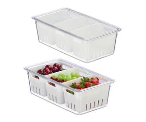Relaxdays 2X Fridge, Stackable, 3 Draining Baskets, Food Organiser, Lid, 10 x 32 x 17.5 cm, Transparent/White