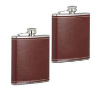 Relaxdays 2X Hip Flask, 200ml Each, Stainless Steel, Immitation Leather Cover, Pocket, 12.5 x 9.5 x 2.5 cm, Brown/Silver